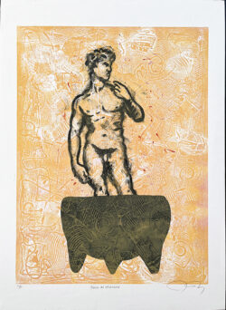 <span class="jr-art-title">David del Molcajete</span><span class="jr-art-detail">Monoprint on paper mounted on wood panel · 22” x 30” · $900</span><a class="jr-art-inquire" href="mailto:joe@joeray.com?subject=Interested%20in%20%22David%20del%20Molcajete%22">Inquire to Purchase</a> David del Molcajete by Joe Ray
